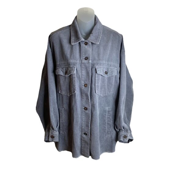 Zara Corduroy Shacket Long Sleeve Button Down Pockets Women Shirt Jacket XL Gray - Picture 1 of 10
